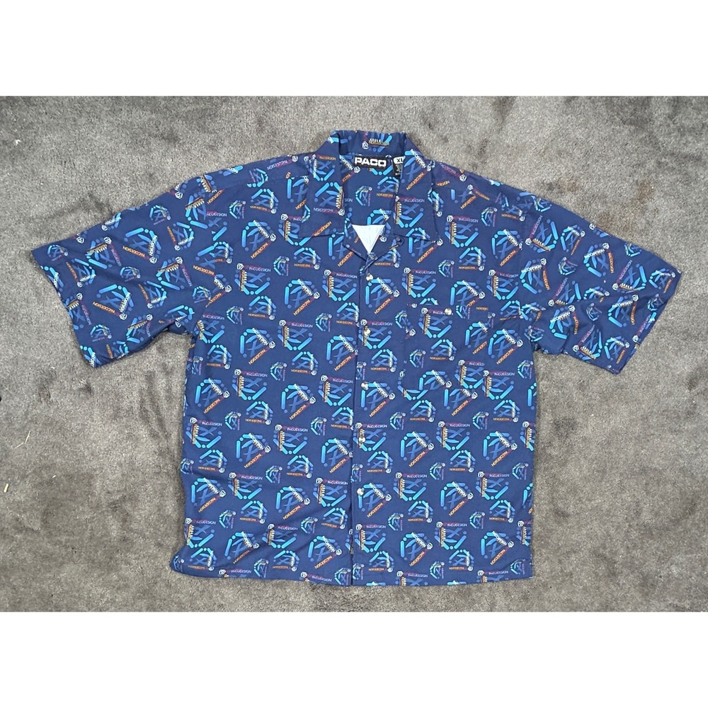 Paco Sport Button Down Shirt Mens XL Blue Graphic All Over Print Vintage 90s